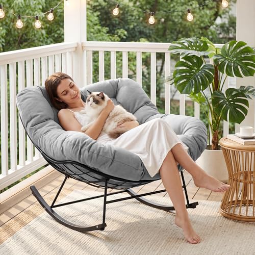JEAREY Outdoor Papasan Rocking Chair, Oversized Patio Rocker, Comfy Egg Chair for Bedroom, Living Room, Garden, Porch, Lawn, Grey