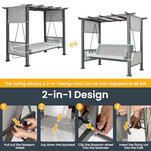 Pamapic 3-Seat Porch Swing with Stand, 990 LBS 2 in 1 Convertible Bed Patio Swings with Canopy Adjustable, Wicker Side Panel Swing Chair Outdoor with Cushion for Backyard, Porch, Garden (Gray)