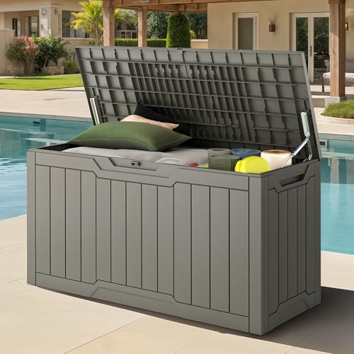YITAHOME 80-Gallon Waterproof Resin Outdoor Storage Box, Lockable Storage Container for Outdoor Furniture, Cushion Storage, Pool Accessories, Garden Tools and Sporting Gear, Taupe