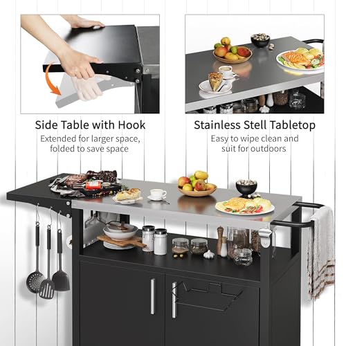 Shintenchi Outdoor Grill Cart Table with Stainless Steel Top for Kitchen Prep and BBQ, Outdoor Kitchen Island Table with Side Handle, Multifunctional Outdoor Grill Table, Black