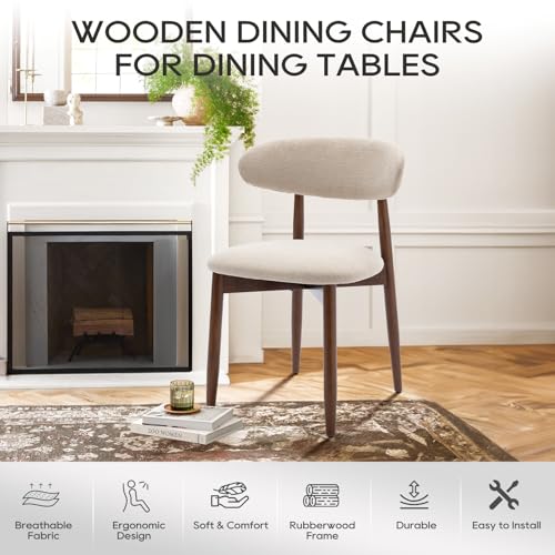 COLAMY Wooden Dining Chairs Set of 2, Modern Fabric Upholstered Kitchen Side Chairs, Farmhouse Dining Room Chair with Foot Pegs, Beige