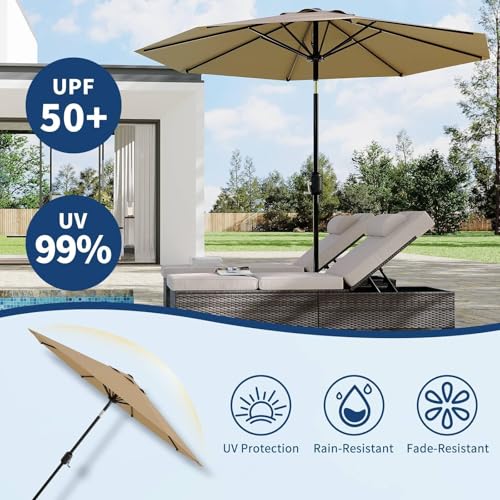 Garvee 9 ft Patio Umbrella - 8 Sturdy Ribs Outdoor Table Umbrella with Crank Lift & Push Button Tilt - Market Umbrella for Pool, Deck, Yard, Garden - Tan