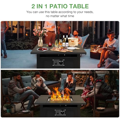 hykolity 28 inch Fire Pit Table, 50000 BTU Patio Heater, 2 in 1 Outdoor Gas Fire Pit with Removable Lid & Lava Stone, CSA-Certified for Gas Fire Pit, Deck Garden Backyard