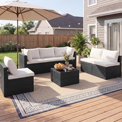 Sweetcrispy 7-Piece Outdoor Patio Sectional Sofa, Modular PE Wicker Outdoor Sectional with Thick Cushions, Rattan Patio Sofa Set with Coffee Table for Backyard, Poolside, Garden, Deck, Black
