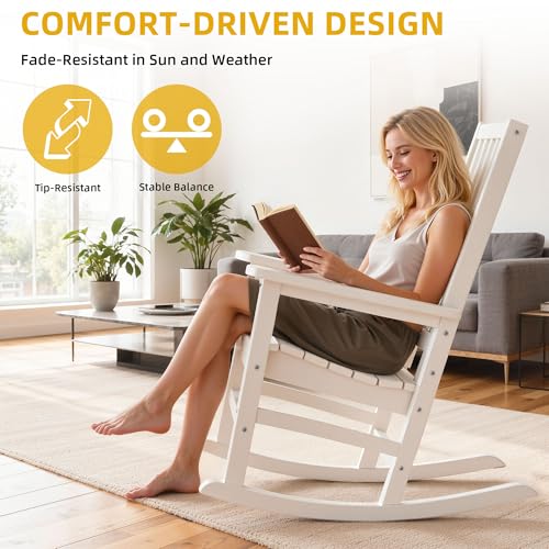 DWVO Outdoor Rocking Chair, Patio Rocker with Windsor Backrest & Wide Armrests, HDPE Patio Chair, 30° Rocking Motion, Outdoor Rocker for Porch, Balcony, Garden Seating, White