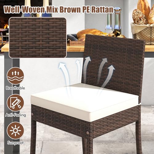 HAPPYGRILL Wicker Patio Barstools Set of 4, Outdoor Rattan Bar Chairs with Footrest & Backrest, Armless High Top Chairs with Seat Cushions for Backyard, Balcony