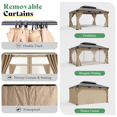 AMERLIFE 12' x 14' Heavy Duty Hardtop Gazebo with Double Metal Roof, Wood Gazebo with Privacy Curtains & Mosquito Netting, Outdoor Pavilion for Backyard, Garden & Patio, Brown