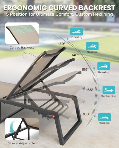 Oasbira Aluminum Chaise Lounge Chair Outdoor, Foldable& No Assembly Patio Pool Lounge Chairs 5-Position Recliner for Outside, Fully Grounded Legs Sun Lounger for Poolside, Khaki