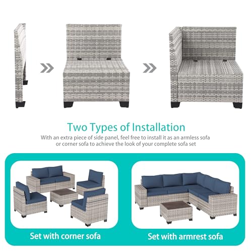 Muphyers 6-Piece Outdoor Patio Furniture Set Wicker Rattan Sectional Sofa Set, Patio Conversation Set with Thickened Cushions & Coffee Table for Garden, Backyard, Navy Blue