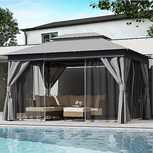 LAUSAINT HOME 10'x13' Outdoor Gazebo, Metal Frame Heavy Duty Patio Canopy Tent Shelter with Double Roofs, Mosquito Nettings and Privacy Screens for Backyard, Garden, Lawn, Gray