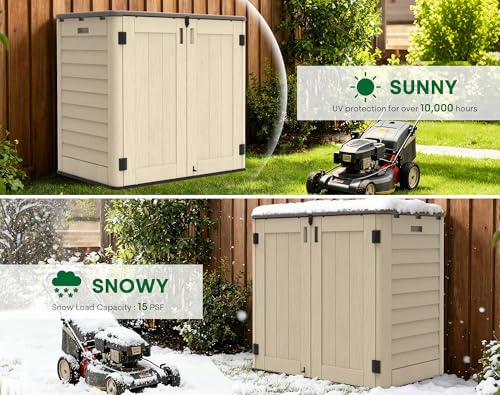 IWDOO Outdoor Storage Shed, 30 Cu Ft Waterproof Horizontal Resin Storage Cabinet, Weather-Resistant Garden Shed Trash Can Storage with Pad-Lockable Doors for Backyards (Khaki)