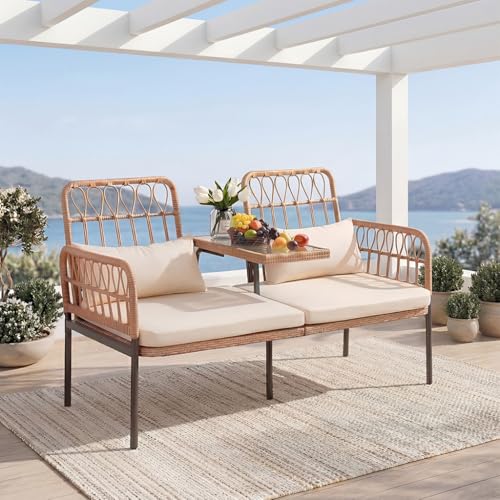 PROHIKER ROHIKER Outdoor Patio Loveseat Rattan Loveseat 2-Seat Furniture with Built-in Table, Lumbar Pillows and Cushions, All-Weather Small Patio Couch for Balcony, Lawn, Backyard