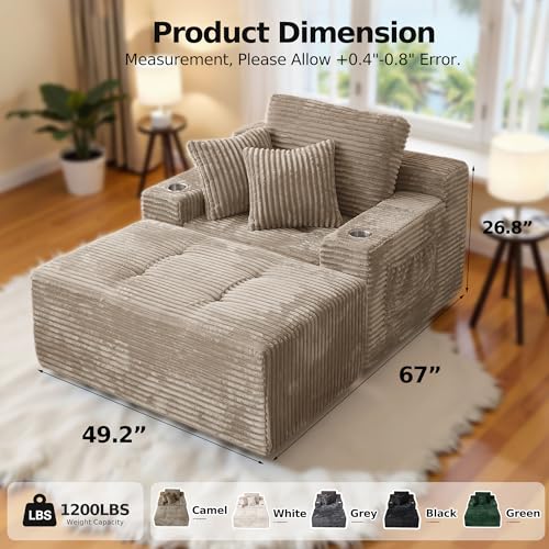 CHORRO 66" Chaise Lounge Chair Indoor,Oversized Boneless Single Sleeeper Couch Bed,Corduroy Cloud Sofa with 3 Soft Pillows for Livingroom,Bedroom,No Assembly,(Khaki)