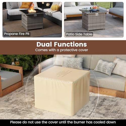 Tangkula 32.5 Inch Propane Fire Pit Table, Outdoor Rattan Gas Firepit with Tempered Glass Tabletop & Stainless Steel Burner, Square Fire Pit with Lava Rocks & Protective Cover for Outside Patio