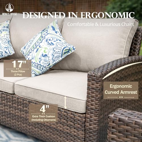HERA'S HOUSE Outdoor Loveseat Patio Sofa, 2-Seat Wicker Couch with Waterproof Thick Cushions, Deep Seating Furniture for Garden Porch Backyard, Beige