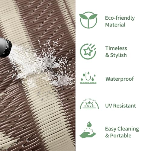 GENIMO Outdoor Rug for Patio Clearance - 9x12 ft Waterproof Plastic Camping Rugs, Reversible Outside Rv Mat Carpet for Porch, Deck, Picnic, Balcony, Beach, Backyard, Coffee Beige