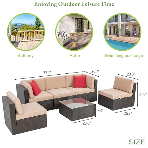 Vongrasig 6 Pieces Patio Furniture Set, Outdoor Sectional Patio Sofa Couch, PE Wicker Rattan Patio Set with Coffee Table for Garden, Backyard, Poolside (Beige)