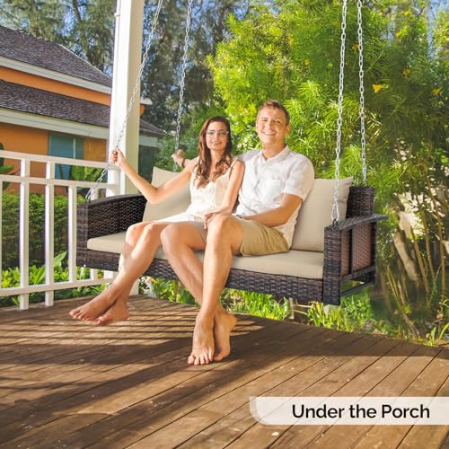 VINGLI Heavy Duty 800 LBS Wicker Hanging Porch Swing with Cushions & Chains, 5FT Outdoor Rattan Swing Bench for Garden, Yard, Lawn (Brown)