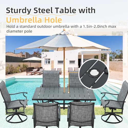 BUPPLEE Patio Dining Set for 6, 6 Piece Patio Swivel Chairs with 1 Piece Large Metal Rectangular Dining Table for Backyard Front Porch Pool Deck,Gray