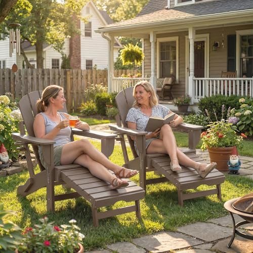 Outsunny Folding Adirondack Chair Set of 2, Outdoor HDPE Fire Pit Chair with Retractable Ottoman, Cup Holder and Large Seat for Deck, Garden, Backyard, Brown
