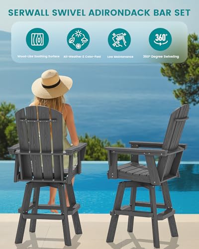 SERWALL Swivel Adirondack Barstools Set of 2, HDPE Outdoor Swivel Bar Chairs Set of 2 for Patio, Poolside, Garden, Grey