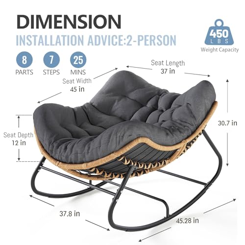 SWITTE Outdoor Rocking Chair, Oversized Patio Papasan Rocker, Comfy Wicker Reading Lounge, Indoor Bed-Like Egg Chair for Bedroom,Balcony, Porch, Garden, Dark Grey