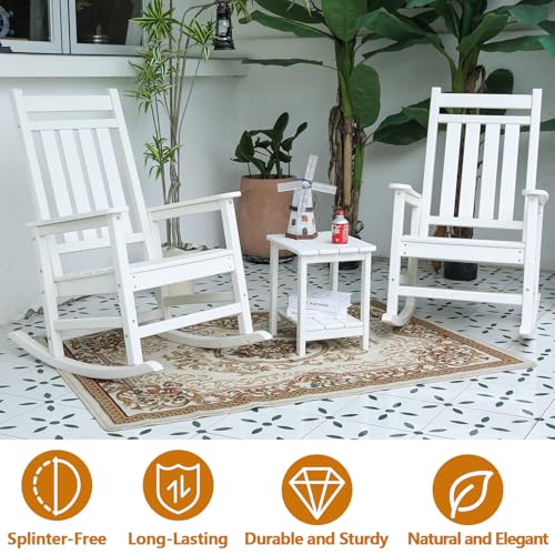 HRVEOCEI Oversized Outdoor Rocking Chair Set of 2 with Table, HDPE Patio Racking Chairs for Front Porch Outside All Weather, 300 LBS Capacity (Set of 2, White)
