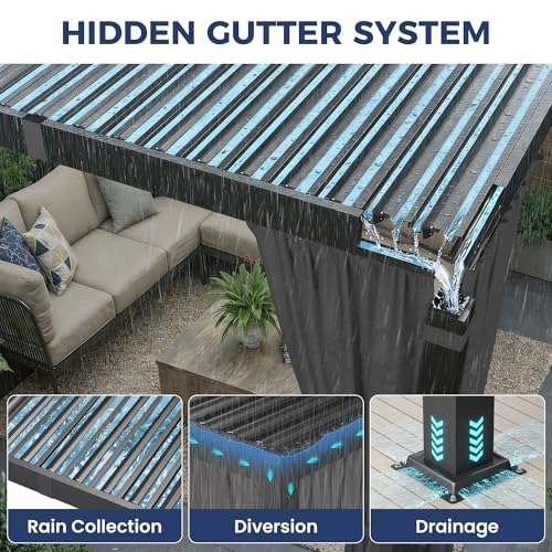 10' x 12' Louvered Pergola, Outdoor Pergola with Metal Adjustable Louvered Roof & Gutter System, Hardtop Patio Gazebo for Backyard, Patio, Garden, Dark Gray