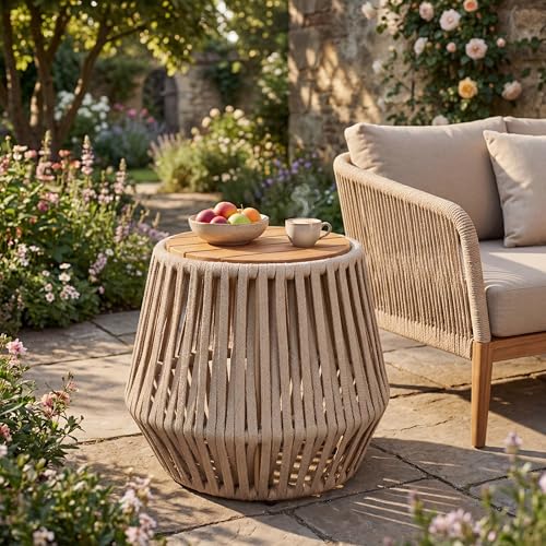 Christopher Knight Home Outdoor Side Table with Rope and Acacia Wood - Teak Finish, 100 LBS Capacity, Weather-Resistant Rope Design for Patio, Deck, Balcony - 21.26" W x 18.11" H, Beige