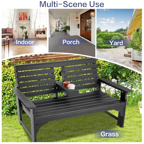 KULAMOON Outdoor Bench Weatherproof - HDPE 2-Person Garden Bench with Cup Holders, Bench Furniture with Backrest and Armrests, 700 lbs Capacity, Patio Park Bench for Front Porch Backyard Park (Black)