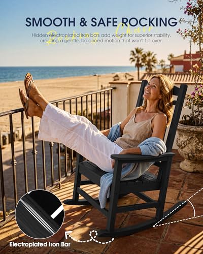 KINGYES Oversized Outdoor Rocking Chair Set of 2, High Density Polyethylene Patio Rocking Chairs with 350lbs Support for Adults,Porch Recliner Rocker, Black