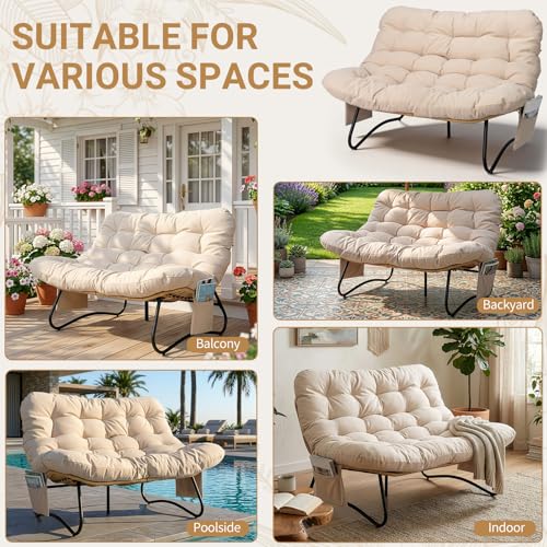 Outvita Outdoor Patio Loveseat, All Weather Double Papasan Chair with Side Storage Pocket, 6’’ Thick Cushion, 4 Adjustable Support Feet, 2 Seat PE Rattan Couch for Backyard Patio Garden Balcony(Beige)