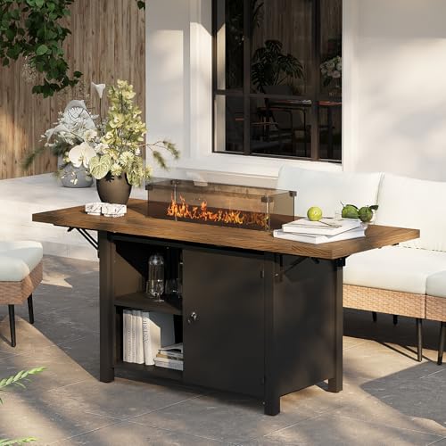 Rotihom 55" Propane Fire Pit Table,50000btu Gas Fire Pit Table with Brown Windshield & Lava Rock,2 in 1 Foldable Expansion Table Fire Pit with CSA Certification, Firepit Table for Outdoor, Patio