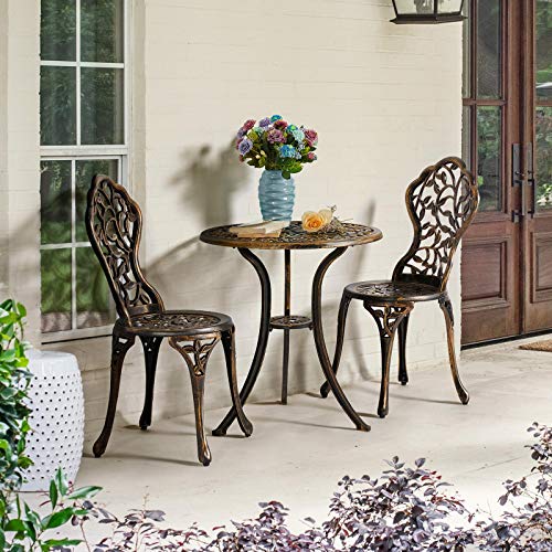 Yaheetech 3-Piece Outdoor Bistro Set w/Leaf Design, Rust-Resistant Cast Aluminum Table and Chairs for Balcony Backyard Garden