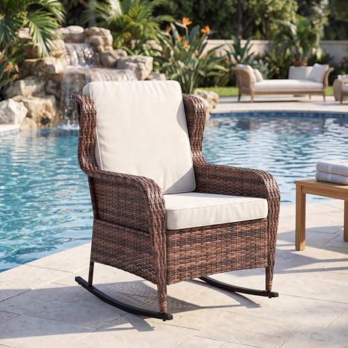 GarveeTech Outdoor Wicker Rocking Chair with Cushions, All-Weather Patio Rocker, High Back Rattan Chair for Garden Porch Backyard (Brown Wicker, Beige Cushions)