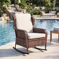 GarveeTech Outdoor Wicker Rocking Chair with Cushions, All-Weather Patio Rocker, High Back Rattan Chair for Garden Porch Backyard (Brown Wicker, Beige Cushions)