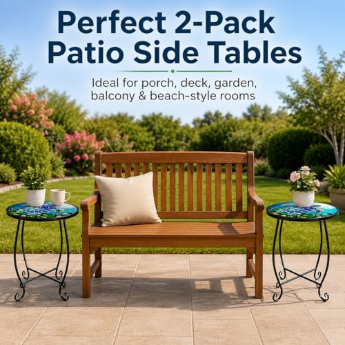 Kaesithar 2-Pack 15 Inch Tall Mosaic Patio Side Tables Style, Metal Folding Turtle Table Set, Shatterproof Outdoor Patio Table for Porch Deck, Rust Resistant Small Garden Table (Set of 2)