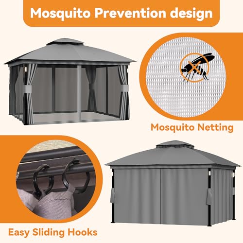 Covered Outdoor Patio Gazebo 11'x13' with LED Lights & Bluetooth Speaker, Heavy Duty Outdoor Canopy Shelter with Metal Frame, Double Roofs, Soft Top Gazebo with Netting and Curtains for Backyard, Gray