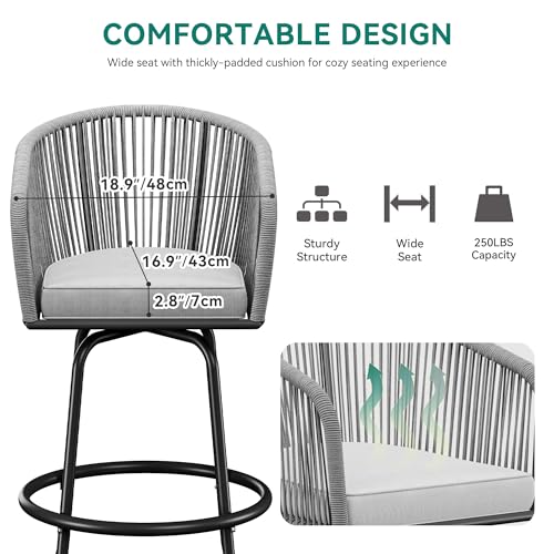 YITAHOME 27" Bar Stools Set of 2 with Arms & Cushions, 360° Swivel Outdoor Bar Stools, All Weather Counter Height Bar Stools Set of 2 with Curved Back for Backyard, Kitchen Island, Dining Room, Gray
