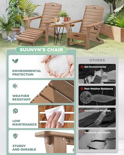 SUUNYN Folding Adirondack Chair with Retractable Ottoman Weather Resistant Fire Pit Chair Patio Chair with 2 Cup Holder Lawn Outdoor Lounge Chair (Teak)