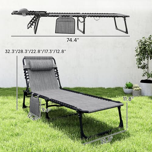Outsunny Folding Chaise Lounge Chair Outdoor, Sun Tanning Chair with Side Pocket, Carrying Strap, Portable Patio Beach Lounger with 5-Position Reclining Back, Headrest for Pool, Camping, Yard, Gray