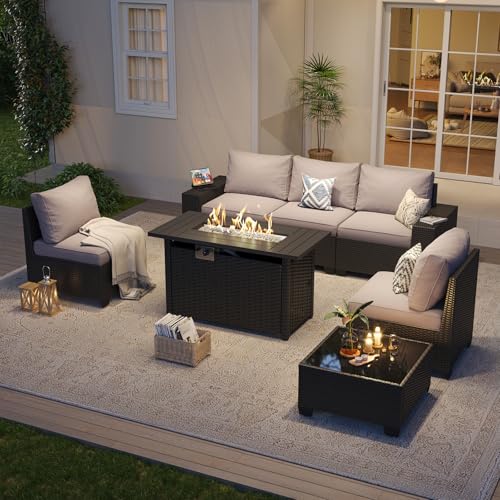 Aoxun Outdoor Patio Furniture Set with 44'' Fire Pit Table, 7 Pcs Outdoor Sectional with 4in Thicken Cushion, Widen Armrests Wicker for Backyard, Grey