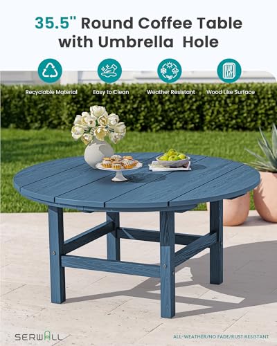 SERWALL 35.5'' Round Outdoor Table with Umbrella Hole, HDPE Weatherproof Coffee Table, Blue