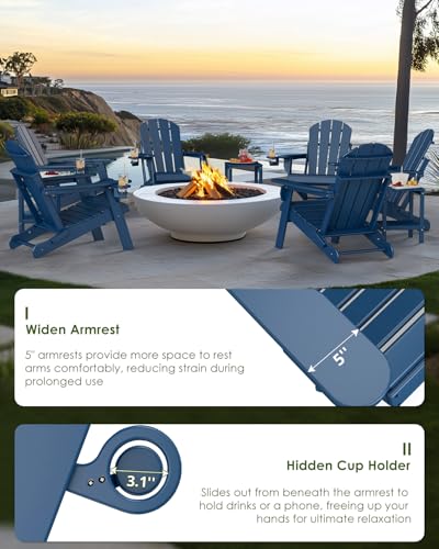 GREENVINES Folding-Adirondack-Chairs-Set-of-2 | HDPE Plastic | Fire Pit Chair | All Weather | Cup Holder | Blue | for Deck Backyard Patio Outdoor Garden