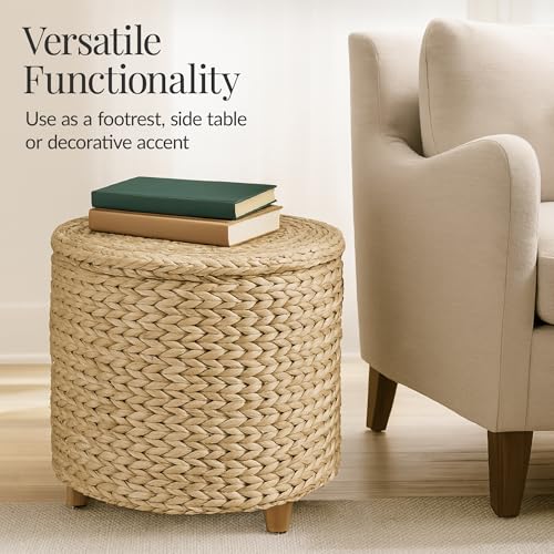 Best Choice Products 17" Round Storage Ottoman W/Lid, Handwoven Water Hyacinth Footstool, Footrest w/Wooden Legs, Accent Side Table, Storage Container, Plant Stand - Natural