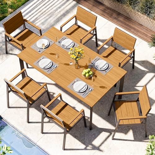 ComfCove Outdoor Dining Set, Aluminum Patio HDPS Outdooor Table and Chairs Set with Umbrella Hole, All Weather Patio Furniture Set, Patio Dining Table Set ,Gray & Teak ,7 Pieces