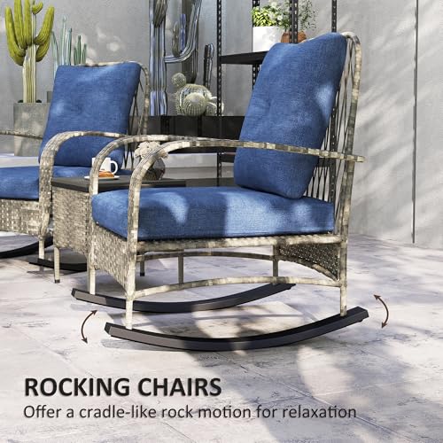 Outsunny 3 Piece Wicker Patio Furniture Set, PE Rattan Rocking Chairs with Coffee Table, Cushions, Outdoor Bistro Set for Porch, Garden, Poolside, Gray