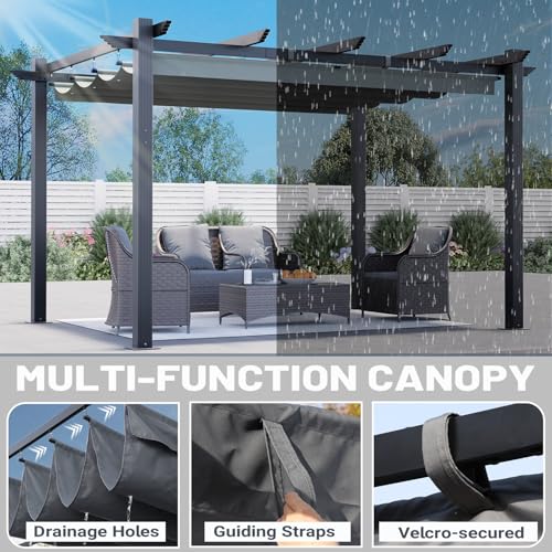 MELLCOM Retractable Pergola 10x13 Ft, Aluminum Shelter with Upgraded Sun Shade Canopy, Reinforced Frame Outdoor Pergola with Dual Adjustable Roof for Patio Garden Deck, Gray