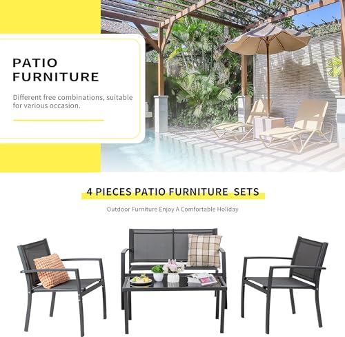 Shintenchi 4 Pieces Patio Furniture Set All Weather Textile Fabric Outdoor Conversation Set, with Glass Coffee Table, Loveseat, 2 Single Chairs for Home, Garden, Lawn, Porch（Gray）