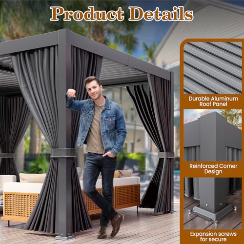 LEVELEVE 10' x 20' Louvered Pergola with Adjustable Roof, Outdoor Metal Patio Gazebo with Curtains & Netting, Gutter System, Large Hardtop Canopy for Garden, Deck, Backyard